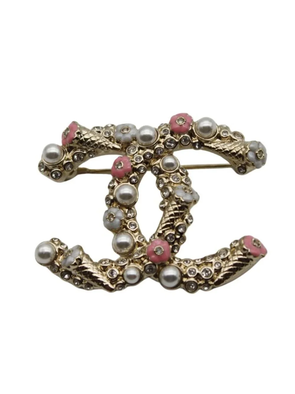 Chanel Brooch Metal Rhinestone CC Logo Gold Pink Pearl Flower